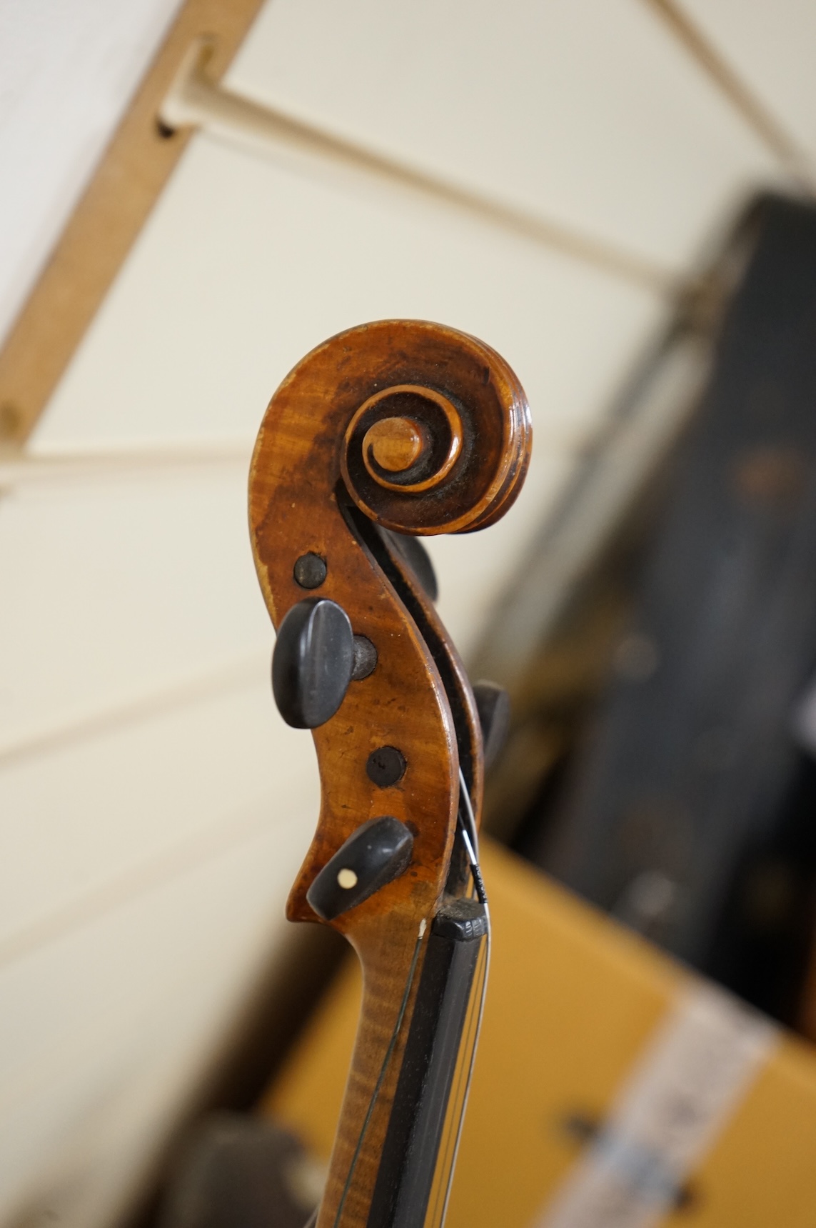 A cased late 19th century violin, Stradivarius copy, with two bows, one fully mounted and signed Roger Lotte, CITES Submission reference, RSF8HBLC